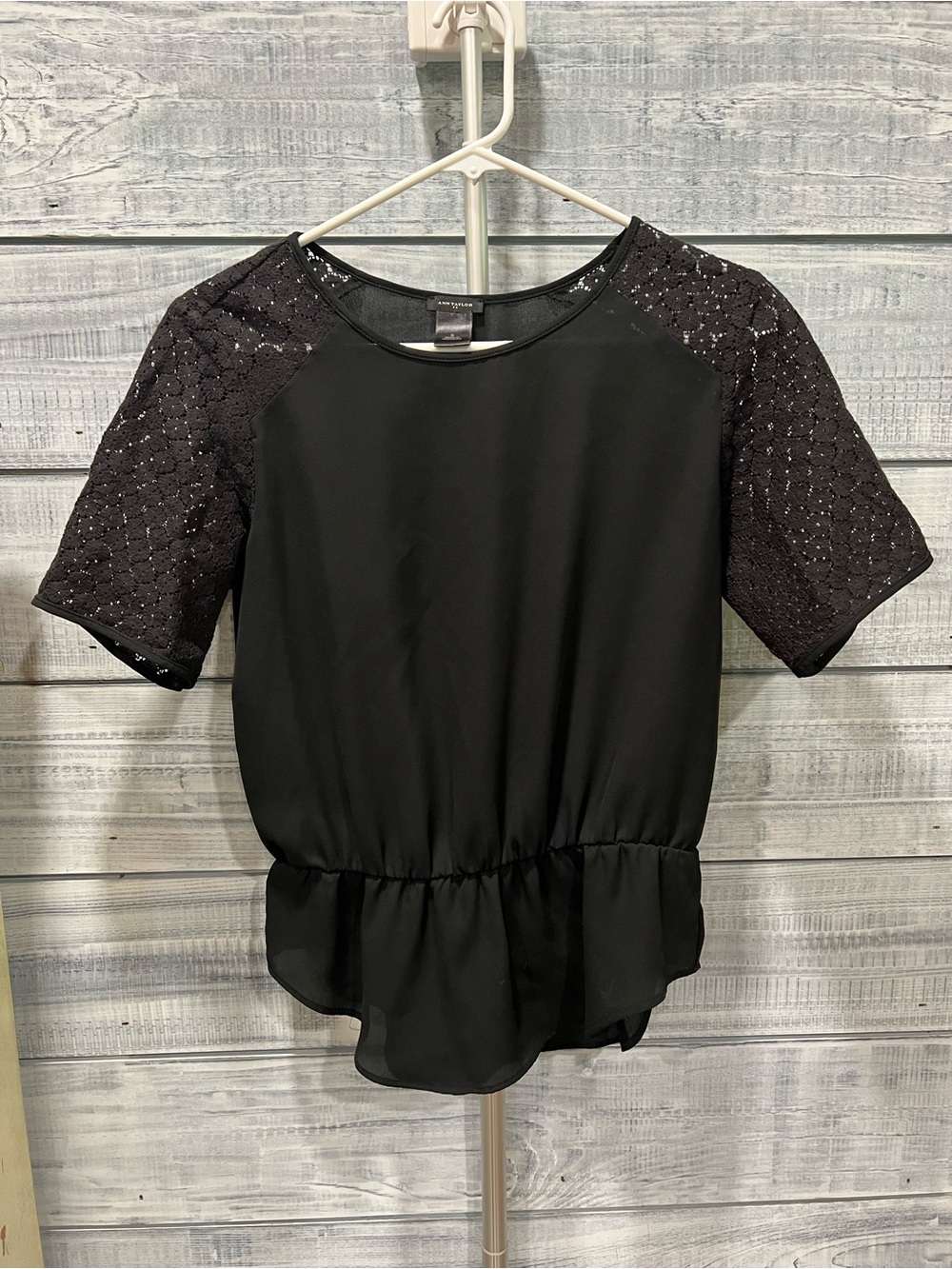 Ann Taylor Black Peplum Blouse with Lace Sleeves